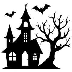 Halloween Horor house with dead tree, bat and Ghost silhouette vector isolated on white background