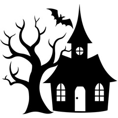 Halloween Horor house with dead tree, bat and Ghost silhouette vector isolated on white background