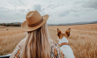 Woman and dog looking at open countryside through windshield while driving across scenic rural highway