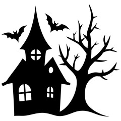 Halloween Horor house with dead tree, bat and Ghost silhouette vector isolated on white background
