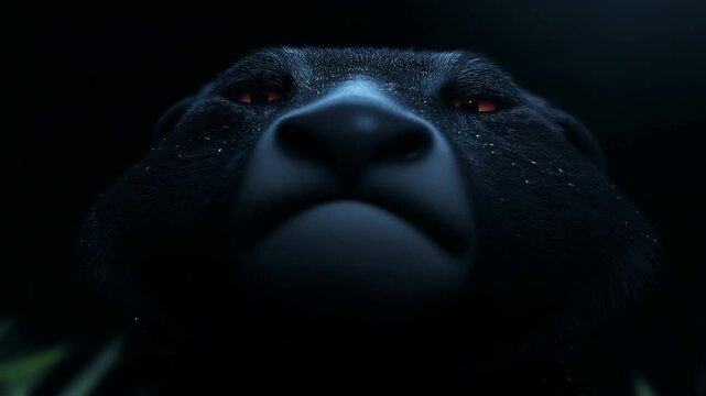 Dramatic wildlife annimation isolating the intense amber eyes of a hidden predator peering through dark foliage. 