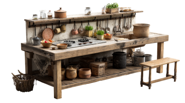 Rustic kitchen setup with various utensils and ingredients displayed