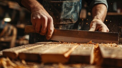 Carpenter trimming wood for a custom furniture project. Featuring skill and attention to detail