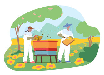 Naklejka premium Man and woman apiarists cartoon characters gathering honey harvest working at agricultural field