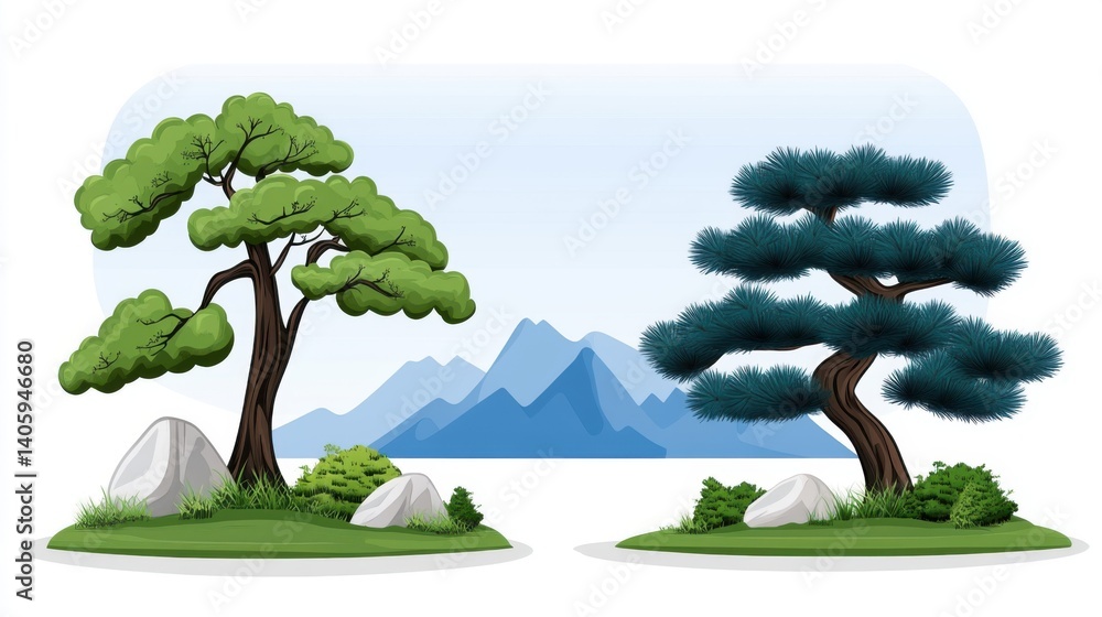 Poster scenic illustration of two distinctive trees with mountain background and calm waterscape in vector 