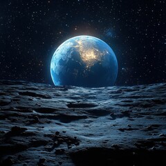 Vibrant Earth Seen from Lunar Surface – Detailed Space Illustration with Shadows, Stars, and Realistic Planetary Contrast
