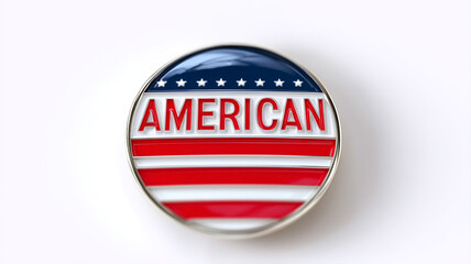 Design, mockup of a corporate badge with the text "American" on a white background in the form of the US flag.