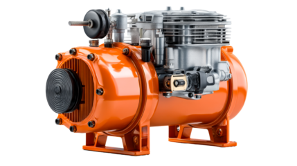 Orange air compressor with transparent background for industrial use
