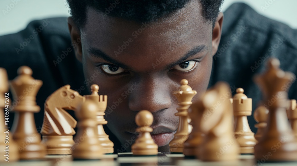 Poster young man with determined expression focusing intensely on chessboard, contemplating next move in st