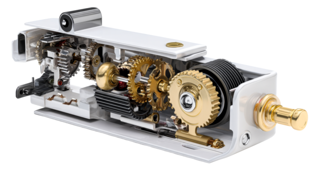 Internal view of a mechanical device with gears