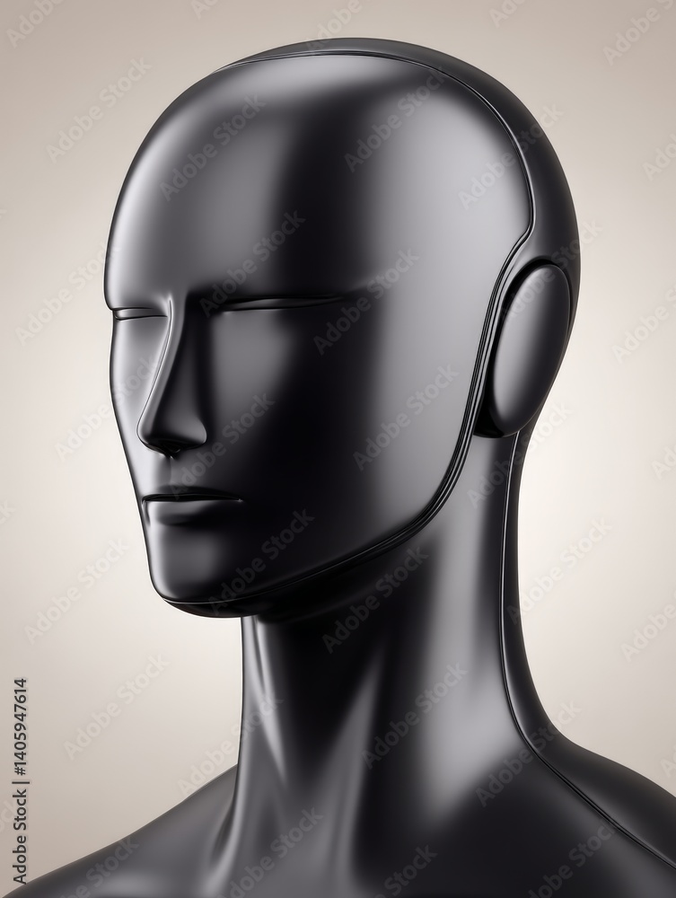 Poster Glossy black humanoid head with smooth reflective surface facing right against soft beige background expressing synthetic identity in minimal futuristic design