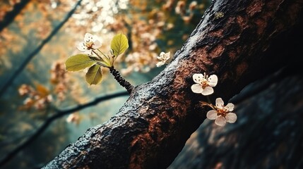 Fototapeta premium Small White Flowers Bloom on a Tree Branch in a Serene Forest, Capturing the Essence of Spring and Nature's Beauty in High-Definition Detail