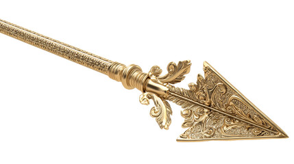 Golden decorative spear with intricate designs on clear bg