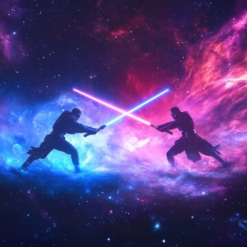 May Star Wars Day Futuristic Lightsaber Duel Futuristic lightsaber duel under a nebula sky neon purpleblue tones motion blur aspect ratio cinematic galactic energy no recognizable characters Image