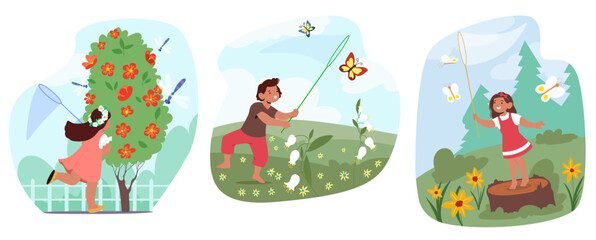 Cute children cartoon characters catching flying insects with net in forest, garden and field set