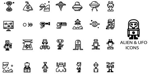 Alien and UFO simple concept 28 icons set. Contain such alien, spaceship, encounter, invasion, space gun, martian, creature, Area 51 and more .Vector illustration. © bidhan