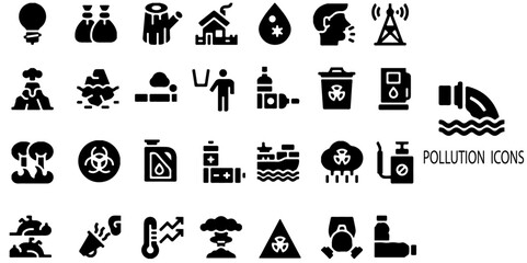 Pollution simple concept 28 icons set. Contain such CO2, mask, air filter, PM 2.5, air purifier, car exhaust, indoor air quality, smog and more .Vector illustration.