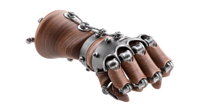 Steampunk inspired mechanical glove design on transparent background