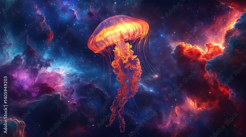 Poster a jellyfish floating in space with nebula clouds and stars creating a surreal cosmic scene view