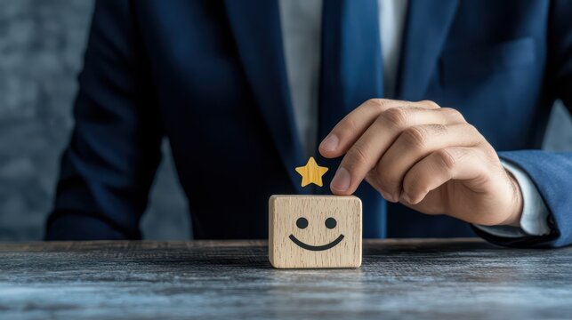 A businessman in a suit placing a star on a smiley face wooden block, symbolizing positive feedback and success.