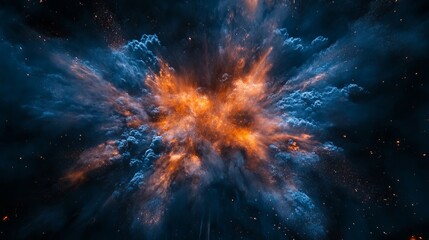 Abstract explosion of orange and blue hues with a cosmic nebula like appearance in dark space