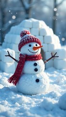 Obraz premium Snowman building an igloo with blocks of snow in the background, season, frosty, igloo