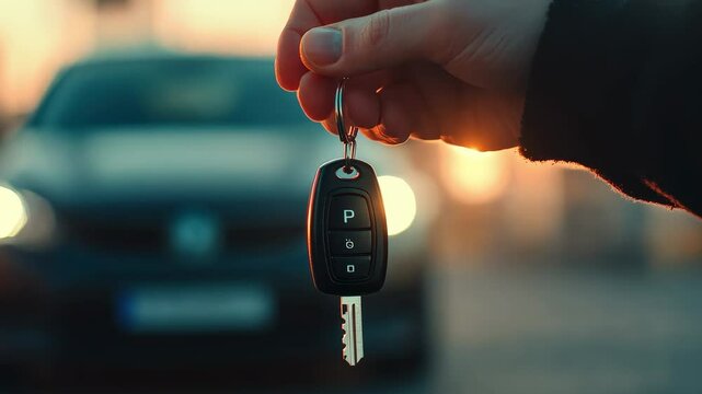 Female hand gripping new car keys near vehicle in sunset lit parking lot, symbolizing automotive ownership, personal freedom, and successful transportation milestone