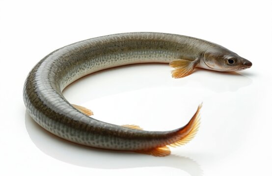 River lamprey isolated on white background. Predatory jawless fish species. Raw fish food. Culinary concept. Delicatessen sea product for cooking, eating. Fresh fish from river, seafood ingredient.