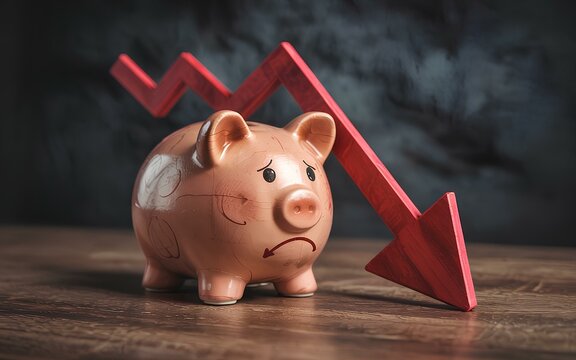 Sad piggy bank and arrow down. Difficult economic situation. Expenditure of savings and financial reserves. Falling income, economy lower wages. Falling GDP. Economic recession, crisis. Capital flight