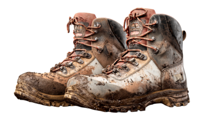 Muddy hiking boots after an adventurous outdoor trek in nature