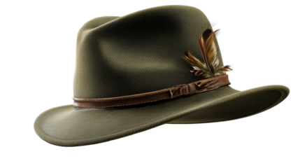 Classic fedora hat with feather detail on transparent background