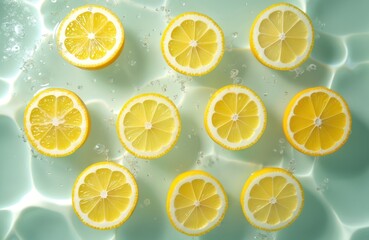 Lemon slices floating transparent water. Summer drink concept. Citrus fruit splash, healthy beverage. Vitamin, refreshing, moisturizing skincare, beauty product promotion, cosmetic ad, spa treatment.