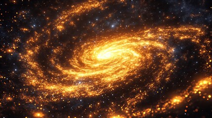 A glowing golden galaxy with swirling arms and bright center in a dark starry space background view