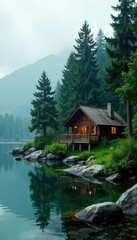 Fototapeta premium Secluded cabin amidst lush greenery at lakefront, forest, cabin