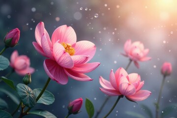 Shimmering mist caresses delicate petals in a serene environment, peaceful, misty, delicate