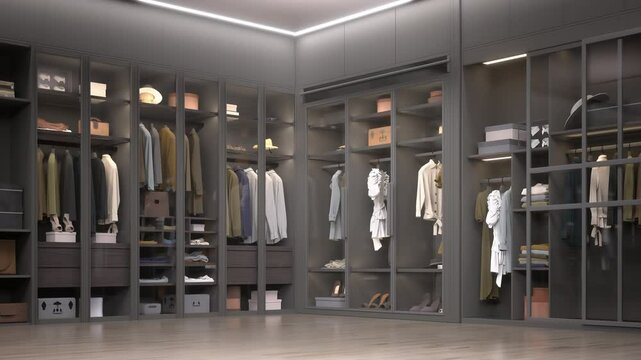Big luxury walk-in wardrobe with clothes, bags and shoes. 3D animation.