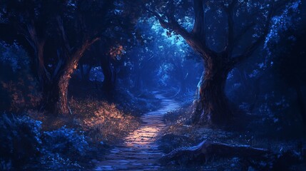 Fototapeta premium Mysterious twilight forest deep shadows and luminous edges along narrow paths winding through ancient trees a scene of reflective solitude