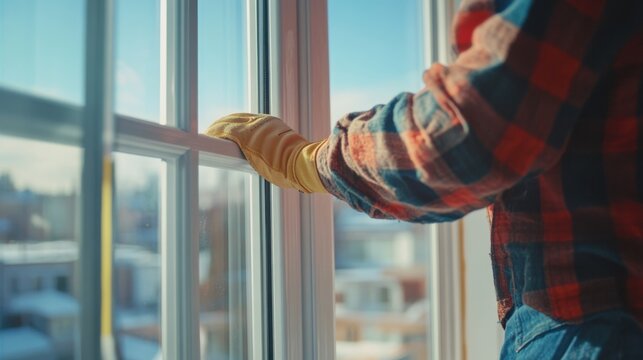 Construction worker adjusting window frames during installation. Featuring window fitting and carpentry