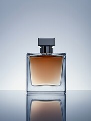 A luxurious perfume bottle with amber liquid, elegantly lit by natural shadows on a minimalist surface.