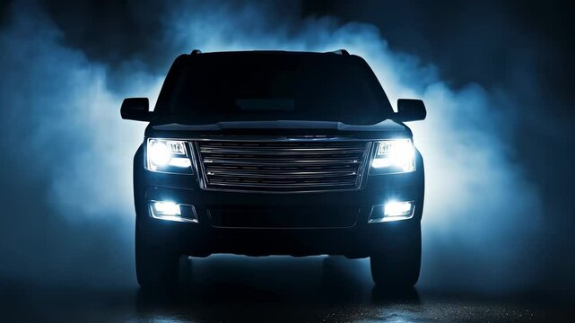 Powerful black suv slowly emerging from the fog with its headlights illuminating the dark surroundings, creating a dramatic and mysterious atmosphere