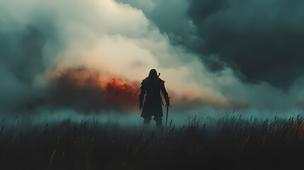 A lone warrior stands in a misty field, silhouetted against dramatic clouds. the mood evokes a sense of adventure and intrigue in an epic landscape. Timeless Epic. Illustration