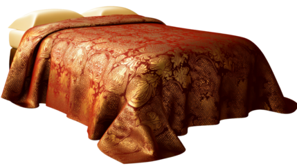 Elegant bedding set on a well made bed with patterns