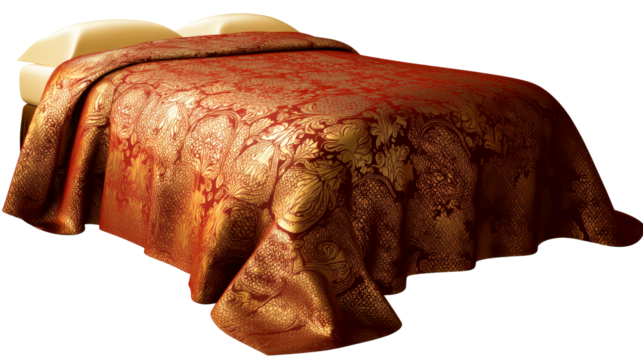 Elegant bedding set on a well made bed with patterns