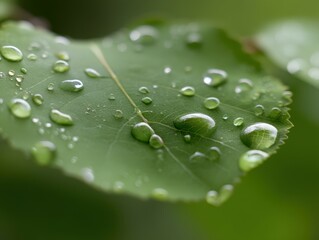 Dewdrops sparkling on green leaves in morning light