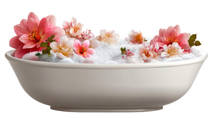 Relaxing bath filled with flowers and bubbles for self care