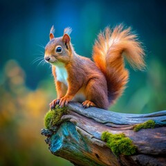 Obraz premium red-squirrel-percehd-on-the-end-of-log-with-a-blue 