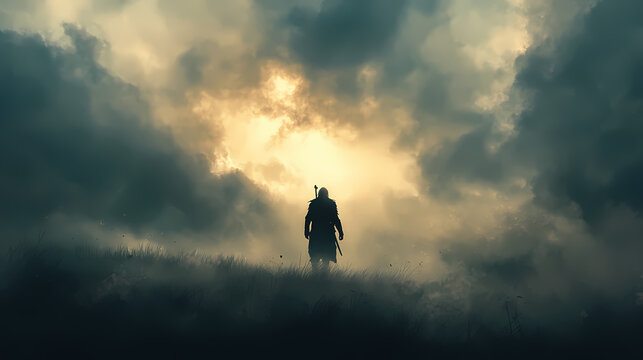 A lone warrior stands in a misty field, silhouetted against dramatic clouds. the mood evokes a sense of adventure and intrigue in an epic landscape. Timeless Epic. Illustration
