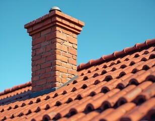 Naklejka premium Brick chimney stands on tiled roof against blue sky. Classic building construction, traditional architecture elements, house rooftop, warm atmosphere, home design. Residential construction outdoors.