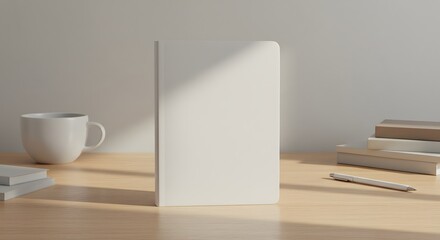 Minimalist Workspace with Blank Notebook, Coffee Cup, and Pens