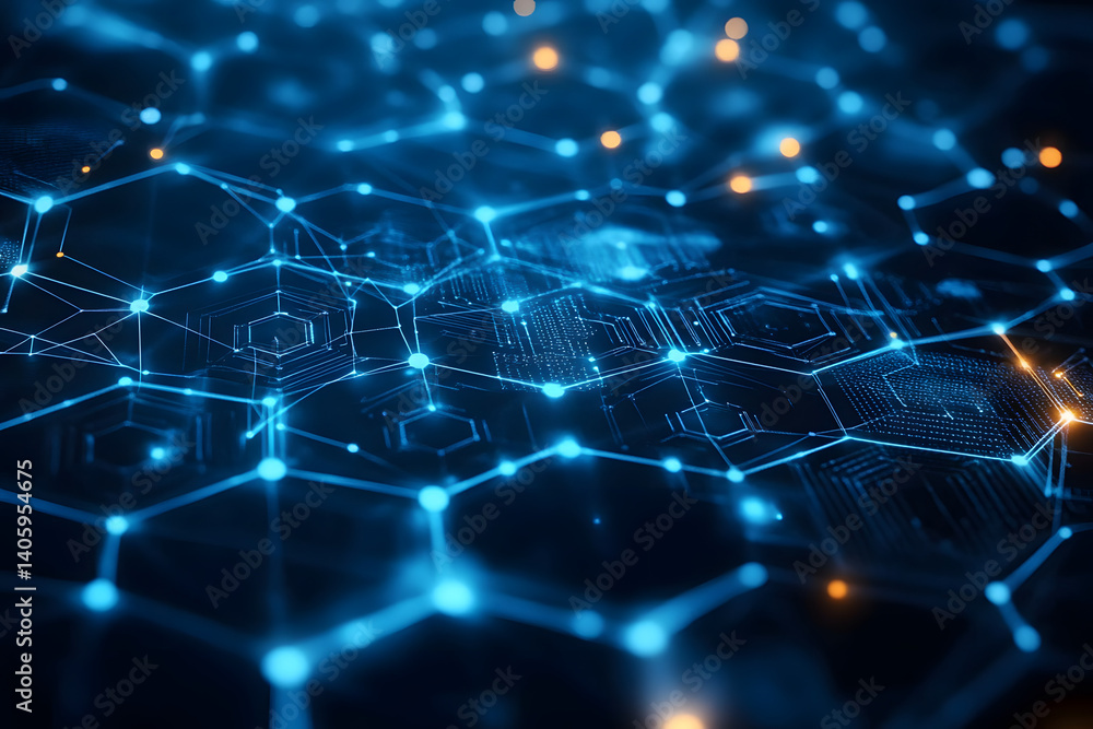 Poster an abstract technology background with a network of glowing blue hexagons and electronic circuitry e